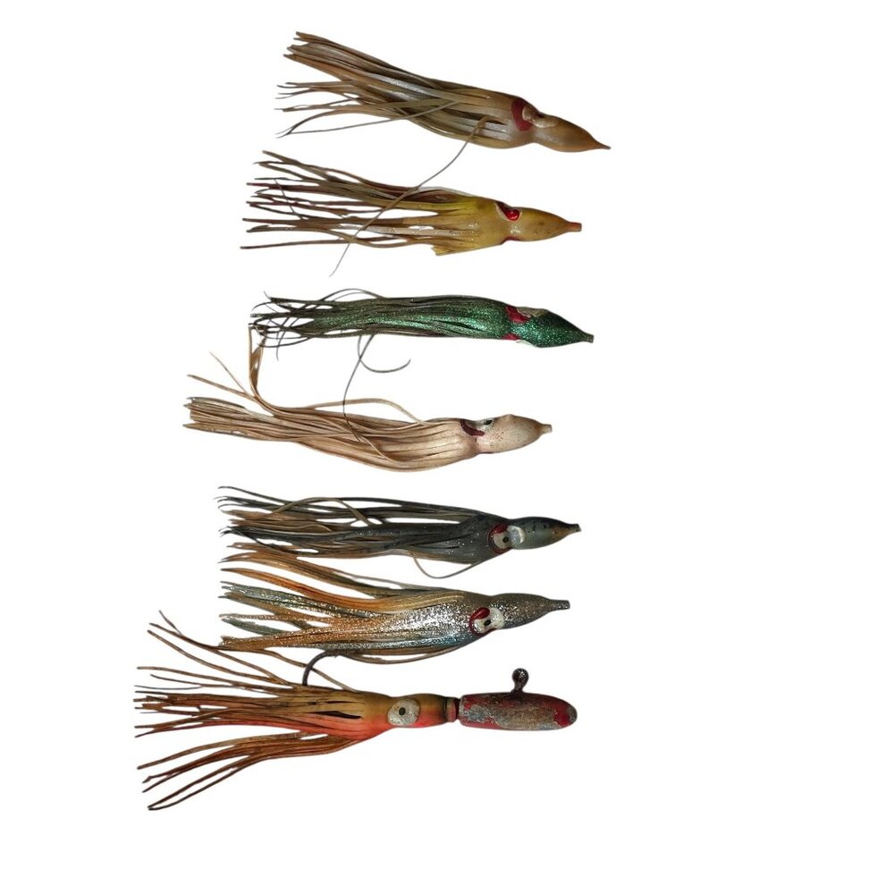 Offshore Squid Angler Fishing Lure Skirt Set of 6 & 1 Big Game Lure Bullet VTG - Picture 2 of 6